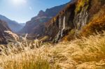 Mountains View With Waterfalls And Cliffs Stock Photo