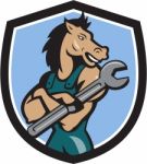 Horse Mechanic Spanner Crest Cartoon Stock Photo