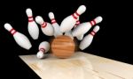 Bowling Strike, Scattered Skittle And Bowling Ball On Bowling Lane With Motion Blur On Bowling Ball, 3d Rendering Stock Photo