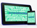 Creativity Tablet Shows Originality, Innovation And Imagination Stock Photo