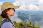 Hiker Asian Cute Teens Girl Looking Nature Stock Photo