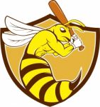 Killer Bee Baseball Player Bat Crest Cartoon Stock Photo