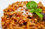 Gemelli Pasta With Homemade Tomato And Zucchini Sauce Stock Photo
