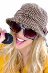 Woman Singing song With Mike Stock Photo