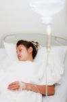 Woman Patient Sleepin In Hospital Bed Stock Photo