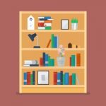 Wooden Shelves With Books And Object Decoration Stock Photo