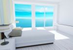 White Modern Loft Bedroom Interior With Sea View Stock Photo