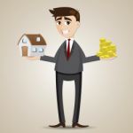 Cartoon Businessman Holding House And Gold Coin Stock Photo