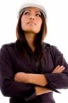 Young Architect Wearing Helmet And Posing With Crossed Arms Stock Photo