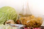 Handmade Preparation Of Sauerkraut And Cabbage Kimchi Stock Photo