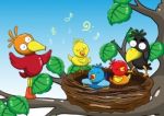 Illustration Of  Mother And Baby Birds Singing In The Trees Cartoon Stock Photo