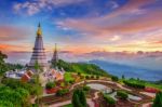 The Best Of Landscape In Chiang Mai. Pagodas Noppamethanedol & Noppapol Phumsiri At Sunset In Inthanon Mountain, Thailand Stock Photo