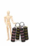 Squeezing Hand Coil Exercise Equipment With Wooden Modle Dummy Stock Photo