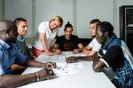 Language Training For Refugees In A German Camp Stock Photo