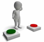 Choice Of Pushing Buttons 3d Character Showing Indecision Stock Photo