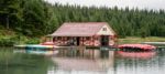 The Boathouse At Maligne Lake Stock Photo