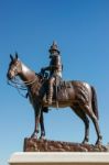 Statue Of James Macleod Outside Fort Calgary Stock Photo