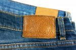 Jeans Closeup Brown Leather Label Stock Photo
