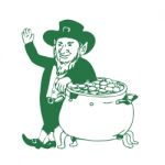 Green Leprechaun Standing By Pot Of Gold Drawing Stock Photo
