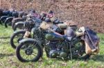 Green Military Motorcycles Parked In A Row Stock Photo