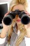 Female Looking Through Binocular Stock Photo