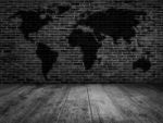 Grunge Black And White Room Decorated With  World Map On Brick W Stock Photo
