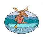 Moose Paddling Canoe Drawing Oval Stock Photo