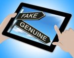 Fake Genuine Tablet Shows Imitation Or Authentic Product Stock Photo