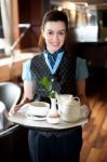 Maid Holding Tea Tray For Guest Stock Photo