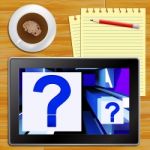 Question Mark On Cubes Shows Uncertainty Tablet Stock Photo