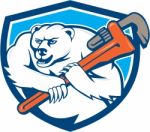 Polar Bear Plumber Monkey Wrench Shield Cartoon Stock Photo
