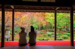 Japanese Girls In Enkoji Temple Enjoy Autumn Colorful Garden Stock Photo