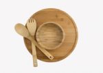 Wooden Plate, Bowl, Spoon And Fork Isolated On White Background Bamboo Top View Stock Photo