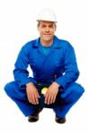 Smiling Male Worker Wearing Helmet Stock Photo