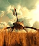 A Giant Mech In Grass Field,3d Illustration Stock Photo