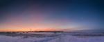 Cold Winter Dawn. Snowy Morning Panorama Stock Photo