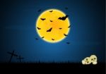 Halloween Skull Graveyard Cross Moon Bat Background Stock Photo