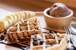 Belgian Waffles With Fruit And Chocolate, Forest Fruit, All Home Stock Photo