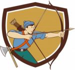 Archer Aiming Long Bow Arrow Cartoon Crest Stock Photo