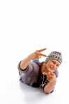 Laying Man Showing Peace Sign Stock Photo