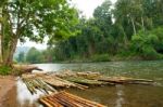 Bamboo Raft Floating In River Stock Photo