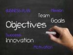 Objectives On Chalkboard Represents Aims Goals And Achievable Ta Stock Photo