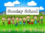 Sunday School Banner Represents Prayer Praying And Youngsters Stock Photo