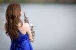 Close Up Beautiful Woman Wear Blue Evening Dress Sound Saxophone Stock Photo