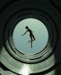 Girl Floating Above The Open Wall Of Modern Block,fantasy Scifi Stock Photo
