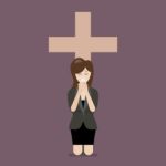 Sadness Woman Is On Her Knees And Prays To God Stock Photo