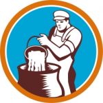 Cheesemaker Pouring Bucket Curd Circle Woodcut Stock Photo