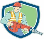 Construction Worker Jackhammer Shield Cartoon Stock Photo
