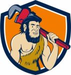Neanderthal Caveman Plumber Monkey Wrench Shield Cartoon Stock Photo