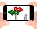 Sun Rain Signpost Displays Weather Forecast Sunny Or Raining Stock Photo